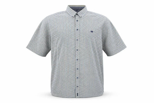 Front view of Casa Moda Men’s Blue Geometric Short Sleeve Button-Up Cotton Shirt 3XL