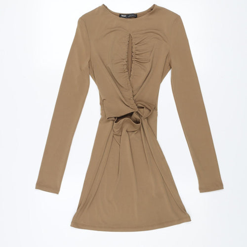 Pull & Bear Women Beige Ruched Bodycon Short Dress Size 8 Long Sleeve