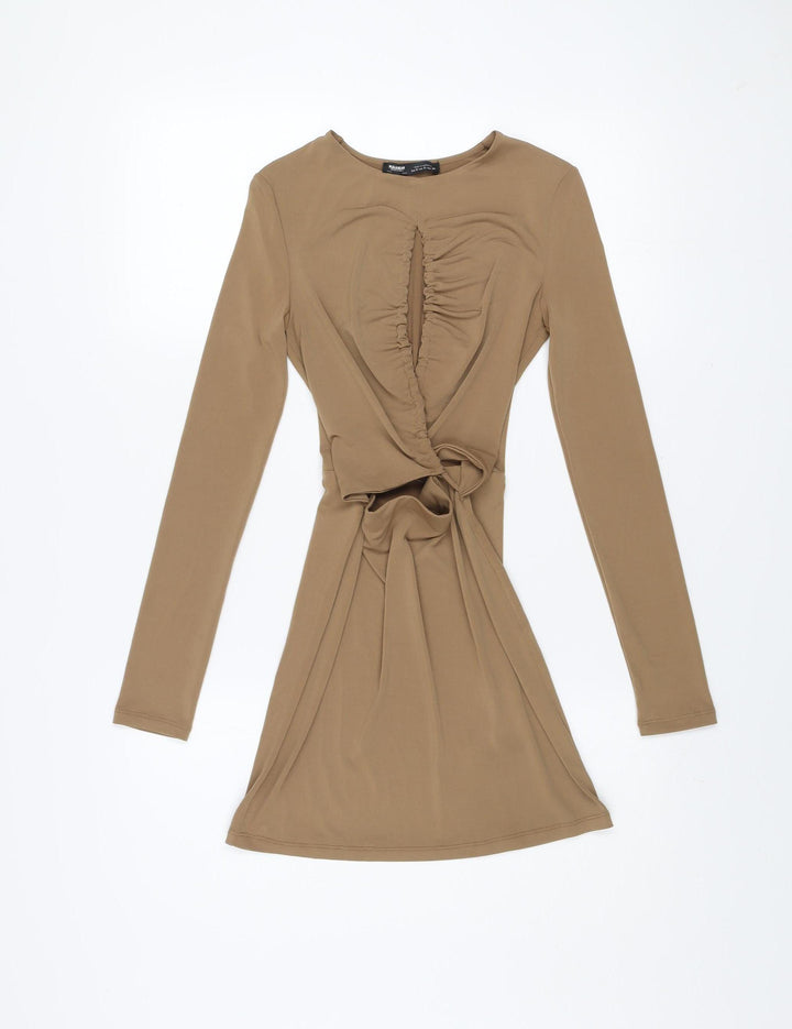 Pull & Bear Women Beige Ruched Bodycon Short Dress Size 8 Long Sleeve