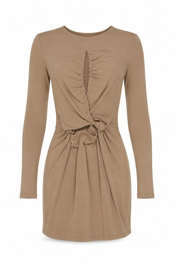 Pull&Bear Women Beige Ruched Bodycon Short Dress Size 8 Long Sleeve