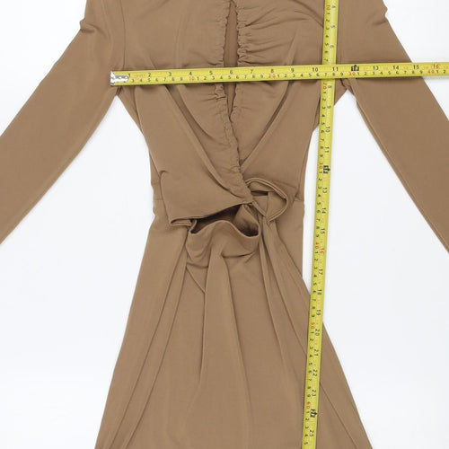 Pull & Bear Women Beige Ruched Bodycon Short Dress Size 8 Long Sleeve