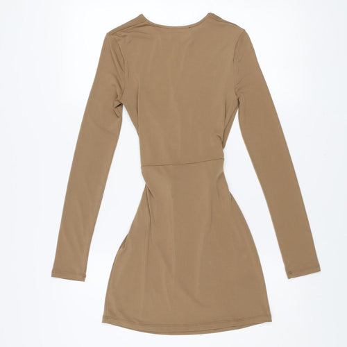 Pull & Bear Women Beige Ruched Bodycon Short Dress Size 8 Long Sleeve