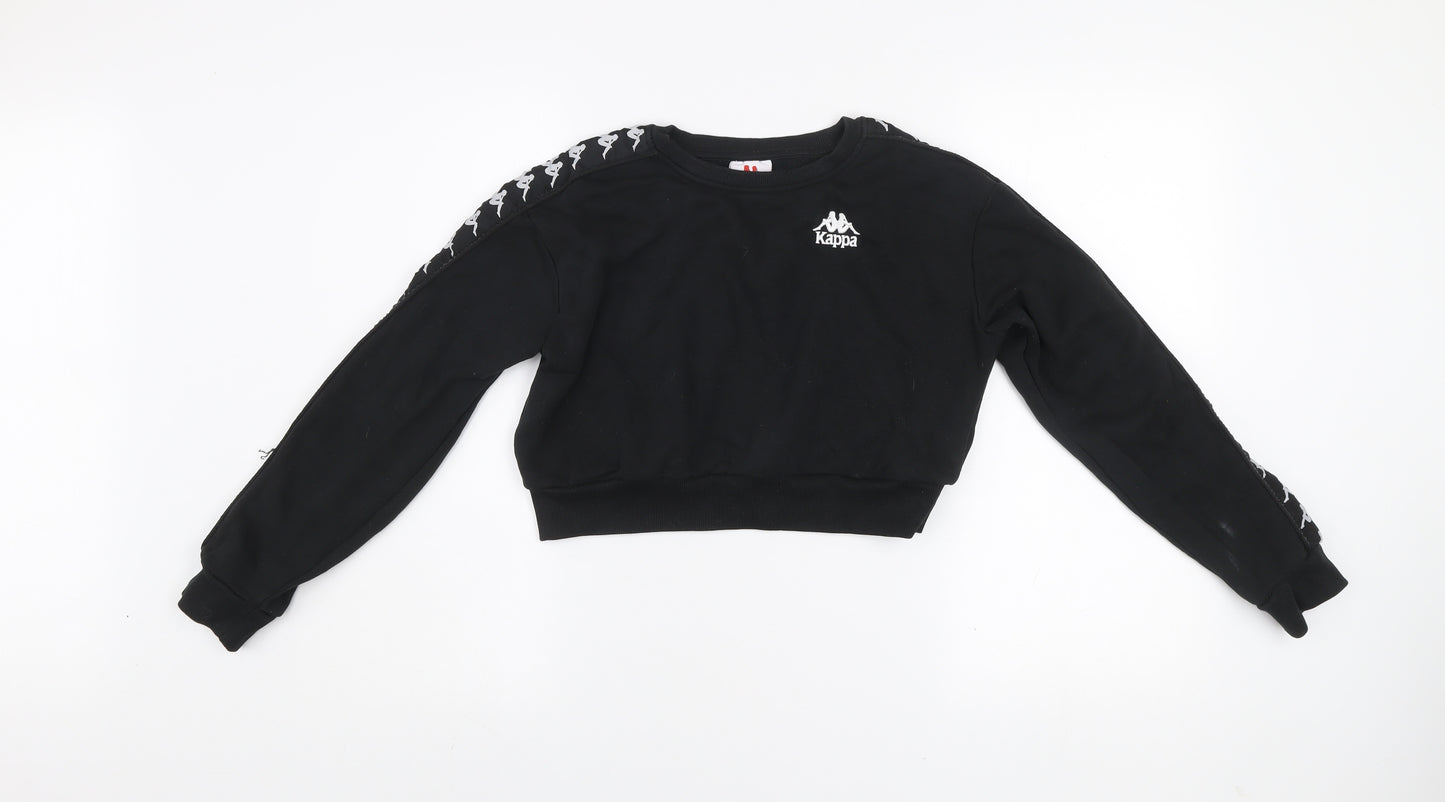 Kappa Womens Black Cropped Crew Neck Sweatshirt Small Logo Tape Sleeves