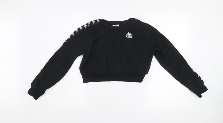 Kappa Womens Black Cropped Crew Neck Sweatshirt Small Logo Tape Sleeves