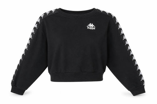 Front view of Kappa women’s black cropped crew neck sweatshirt small logo tape sleeves