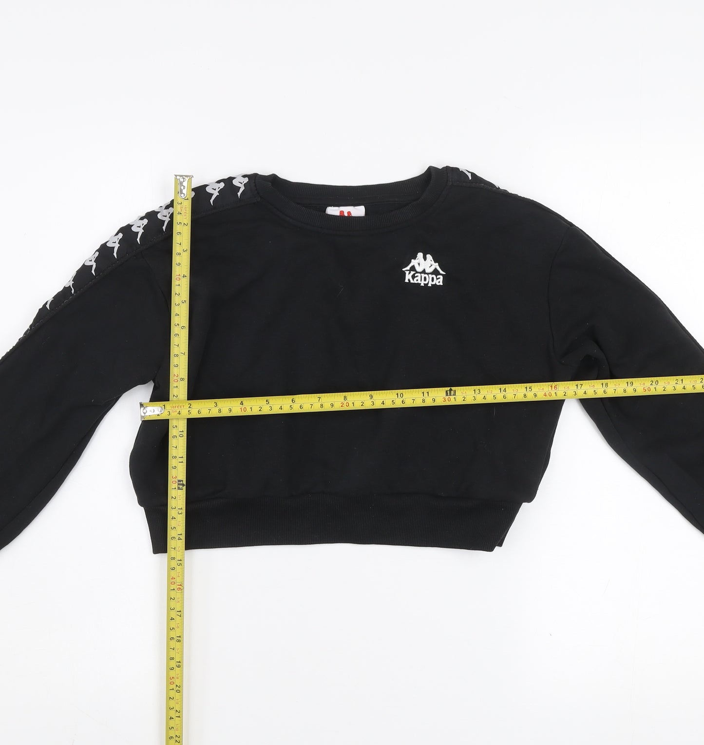 Kappa Womens Black Cropped Crew Neck Sweatshirt Small Logo Tape Sleeves