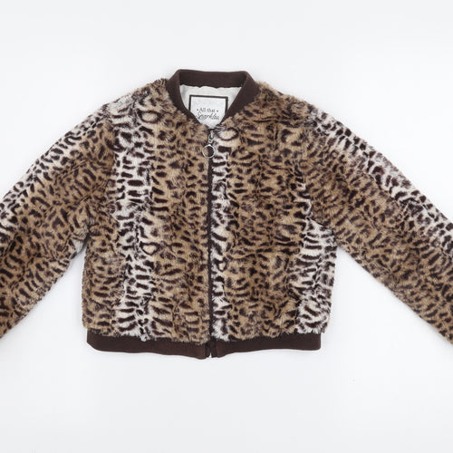 All That Sparkles Girls Brown Leopard Faux Fur Bomber Jacket 7 Years