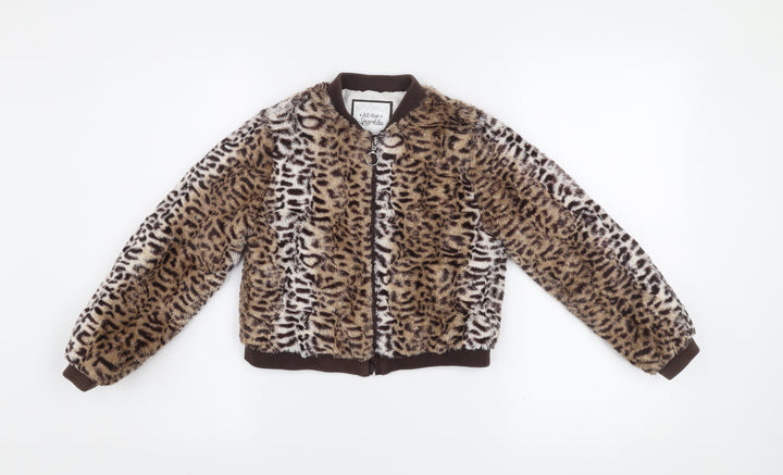 All That Sparkles Girls Brown Leopard Faux Fur Bomber Jacket 7 Years