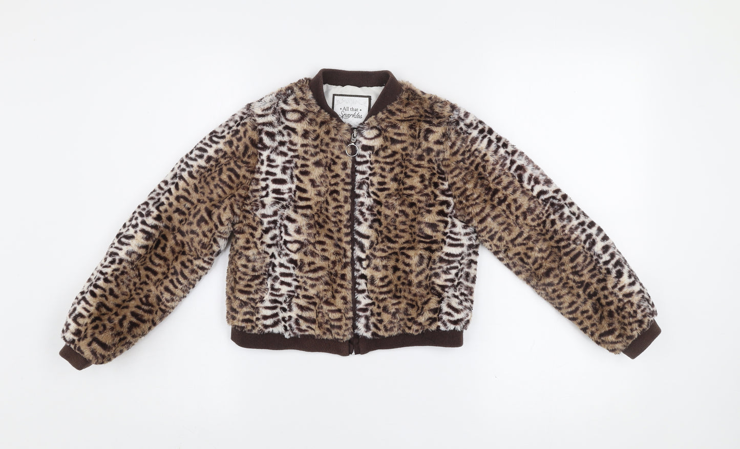 All That Sparkles Girls Brown Leopard Faux Fur Bomber Jacket 7 Years