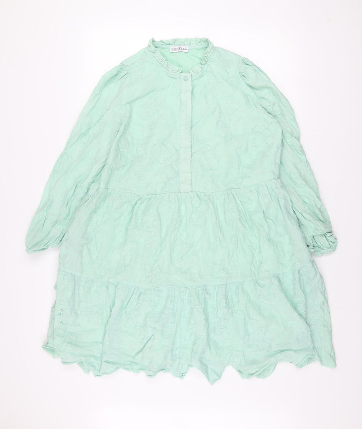 Gallery Women’s Green A-Line Long Sleeve Floral Ruffle Dress L