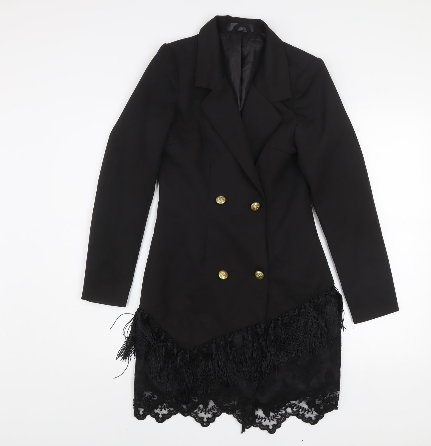 Women's Black Lace Fringe Blazer Coat UK 8 Long Formal Jacket