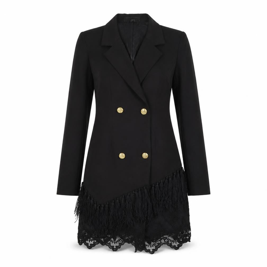 Women's Black Lace Fringe Blazer Coat UK 8 Long Formal Jacket