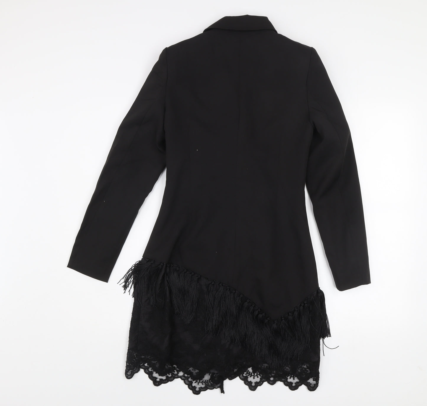Women's Black Lace Fringe Blazer Coat UK 8 Long Formal Jacket