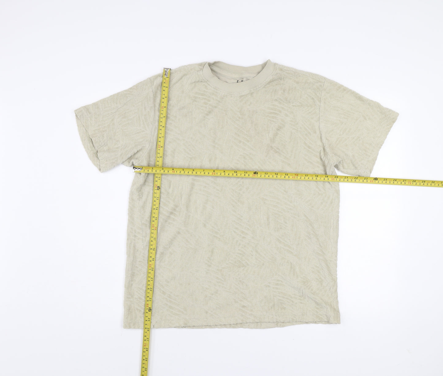 E.T.A Men’s Beige Textured Cotton T-Shirt Medium Crew Neck