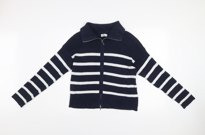 Hollister Women’s Blue Striped Knit Zip Jacket Size L Casual
