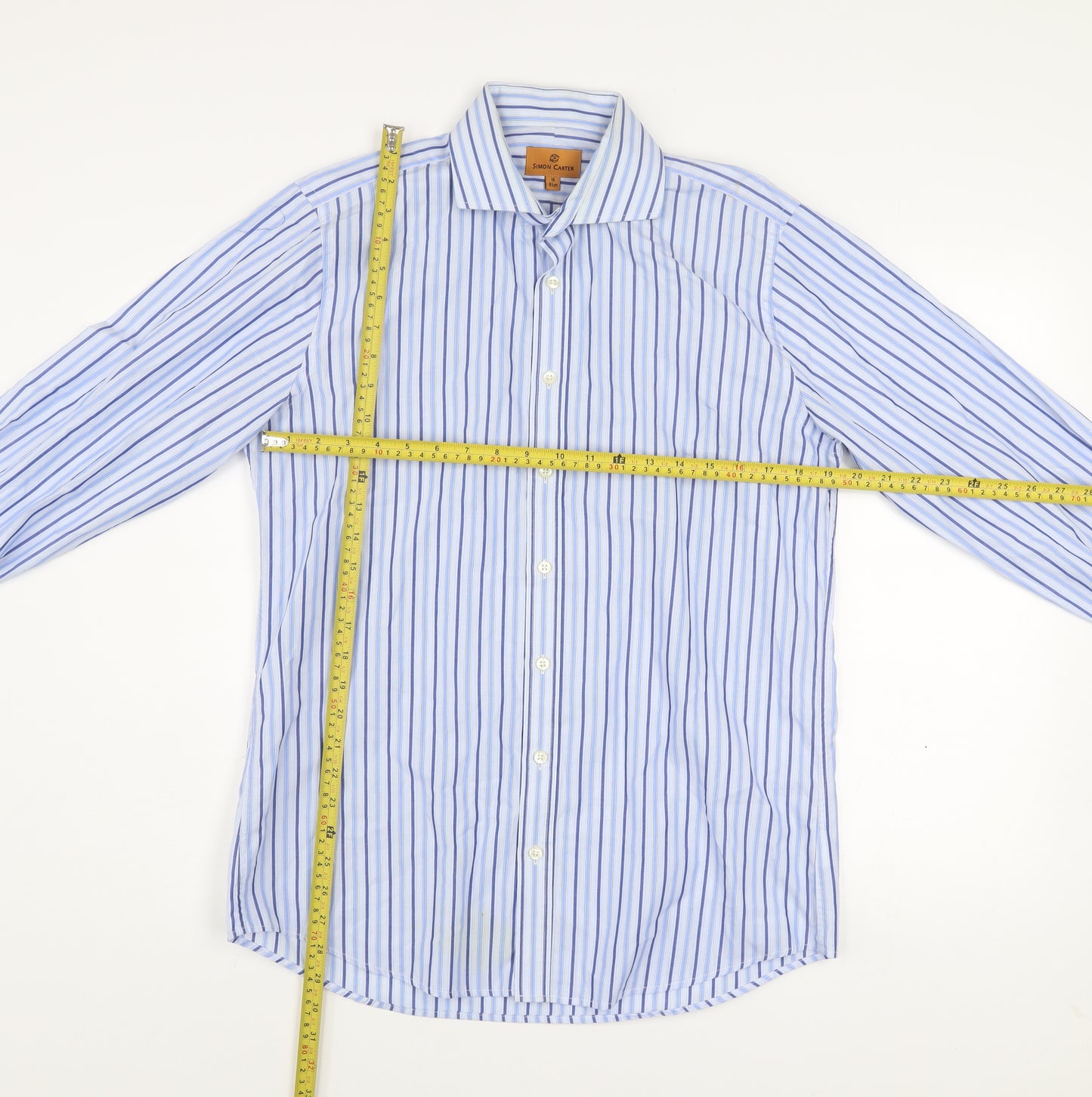 Simon Carter Men's Blue Striped Cotton Long Sleeve Dress Shirt 16 41cm