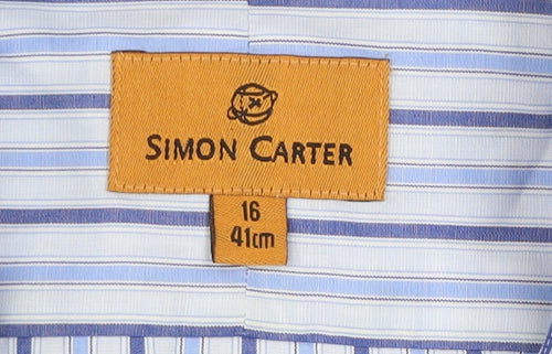 Simon Carter Men's Blue Striped Cotton Long Sleeve Dress Shirt 16 41cm
