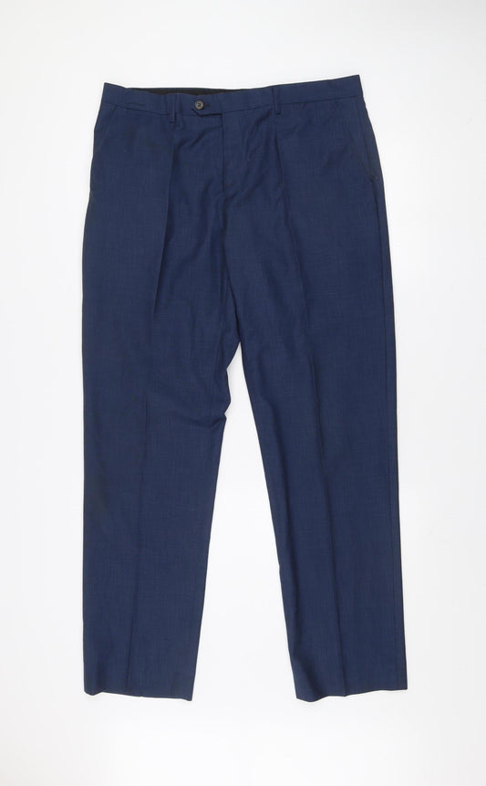 Front view of 6th Sense Men’s Blue Formal Suit Trousers 36L Pleated Polyester Viscose