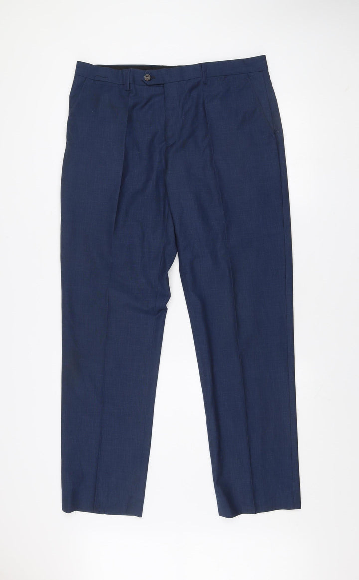 6th Sense Men’s Blue Formal Suit Trousers 36L Pleated Polyester Viscose