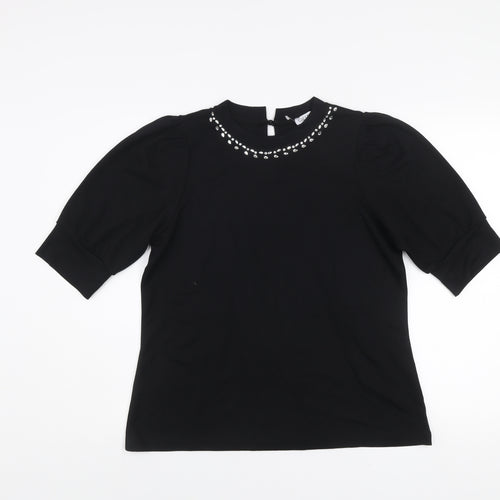 Gallery Womens Black Beaded High Neck Puff Sleeve Blouse Size M