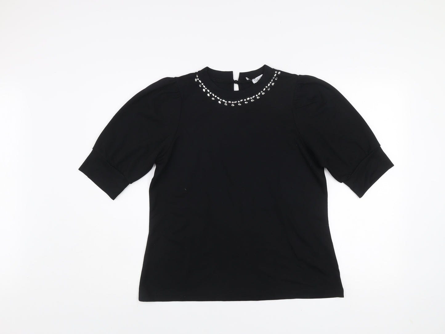 Gallery Womens Black Beaded High Neck Puff Sleeve Blouse Size M