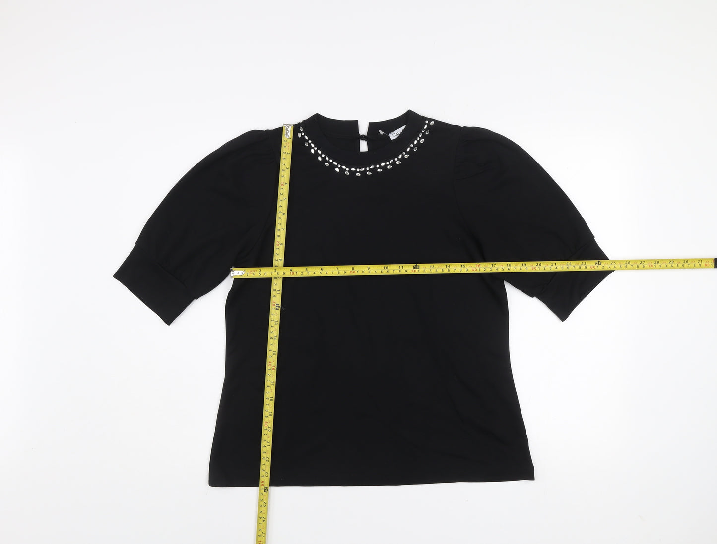 Gallery Womens Black Beaded High Neck Puff Sleeve Blouse Size M