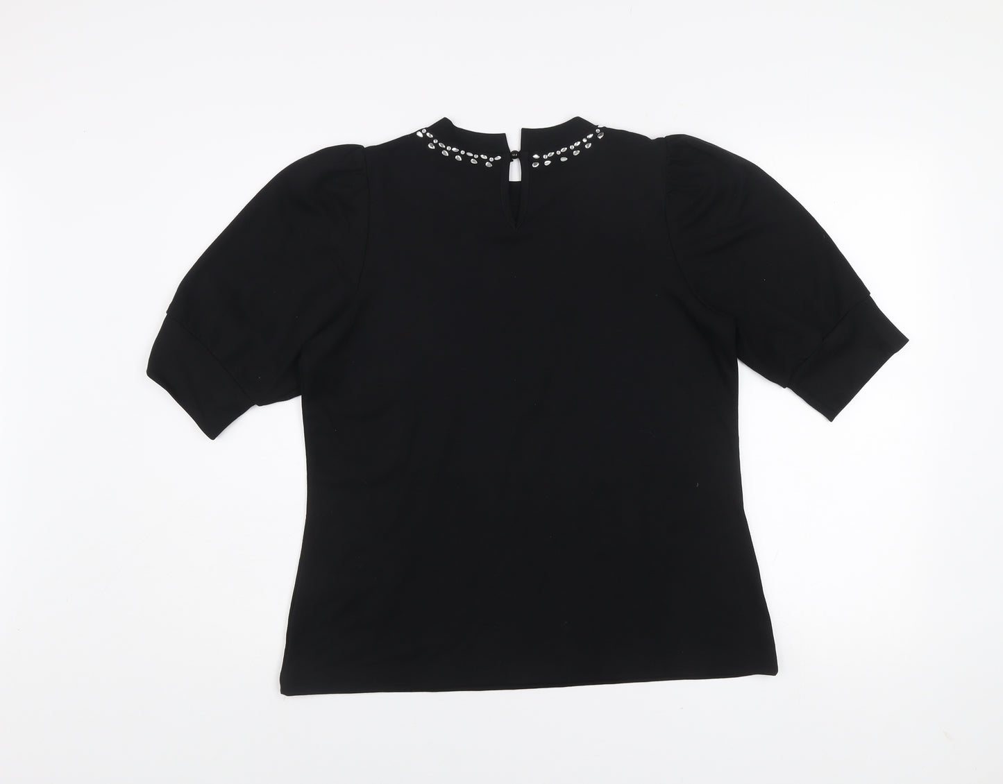 Gallery Womens Black Beaded High Neck Puff Sleeve Blouse Size M