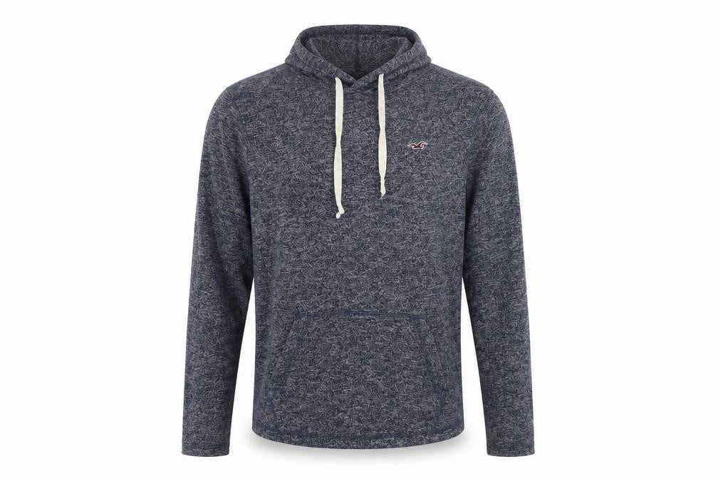 Front view of Hollister Men Blue Heather Pullover Hoodie M Cotton Blend