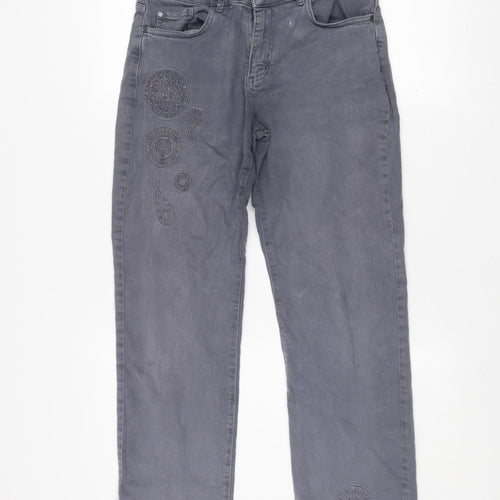 Dolcezza Womens Grey Straight Stretch Jeans Size 6 Embroidered Denim