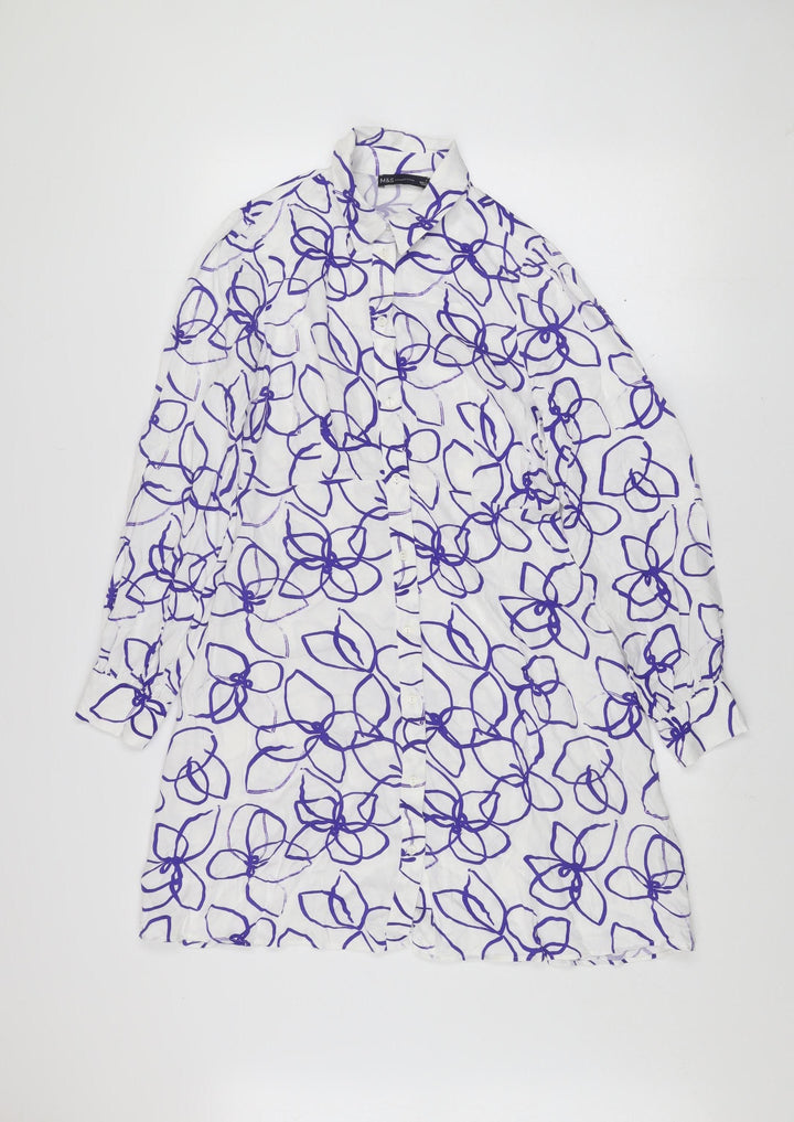 Marks and Spencer Women White Purple Floral Shirt Dress Size 8