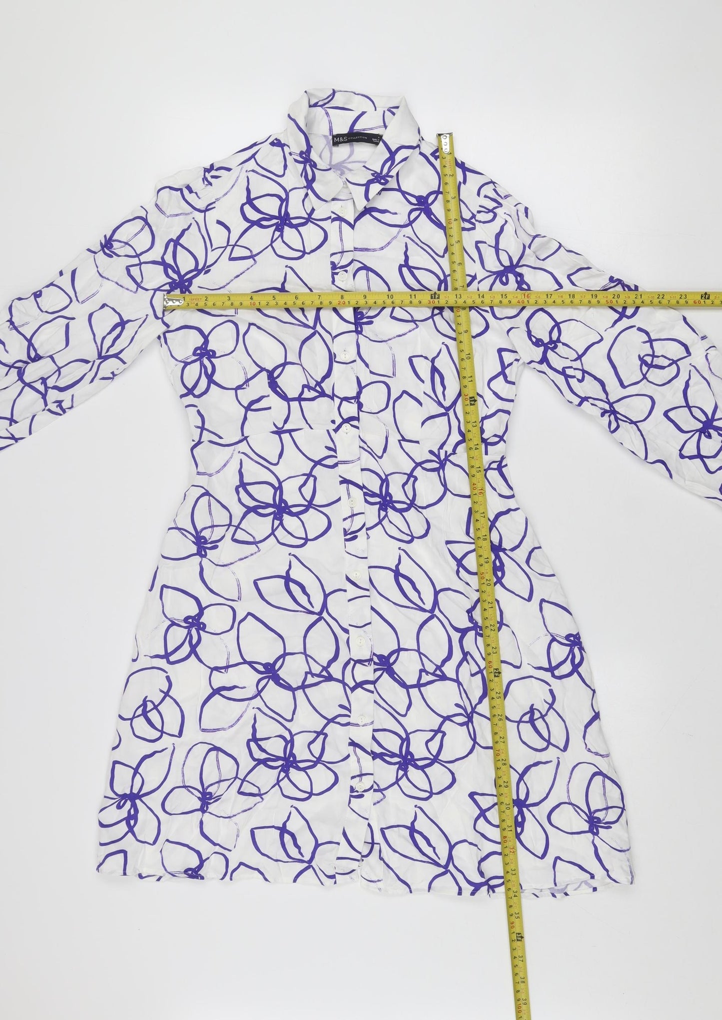 Marks and Spencer Women White Purple Floral Shirt Dress Size 8