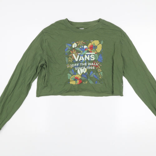 Vans Women Khaki Green Cropped Pullover Sweatshirt Medium Floral Print