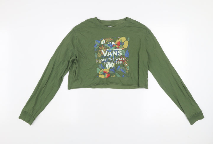 Vans Women Khaki Green Cropped Pullover Sweatshirt Medium Floral Print