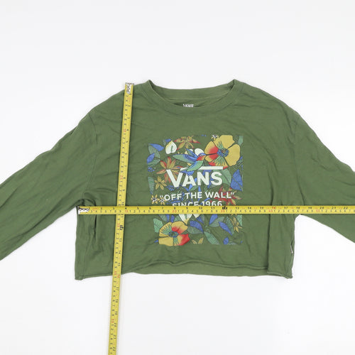 Vans Women Khaki Green Cropped Pullover Sweatshirt Medium Floral Print