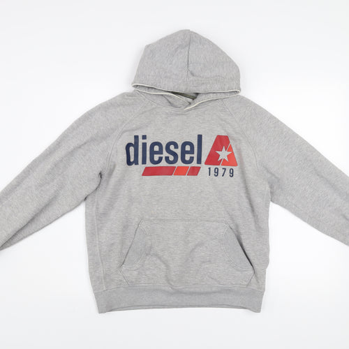 Diesel Mens Grey Small Pullover Hoodie Graphic Print Fleece