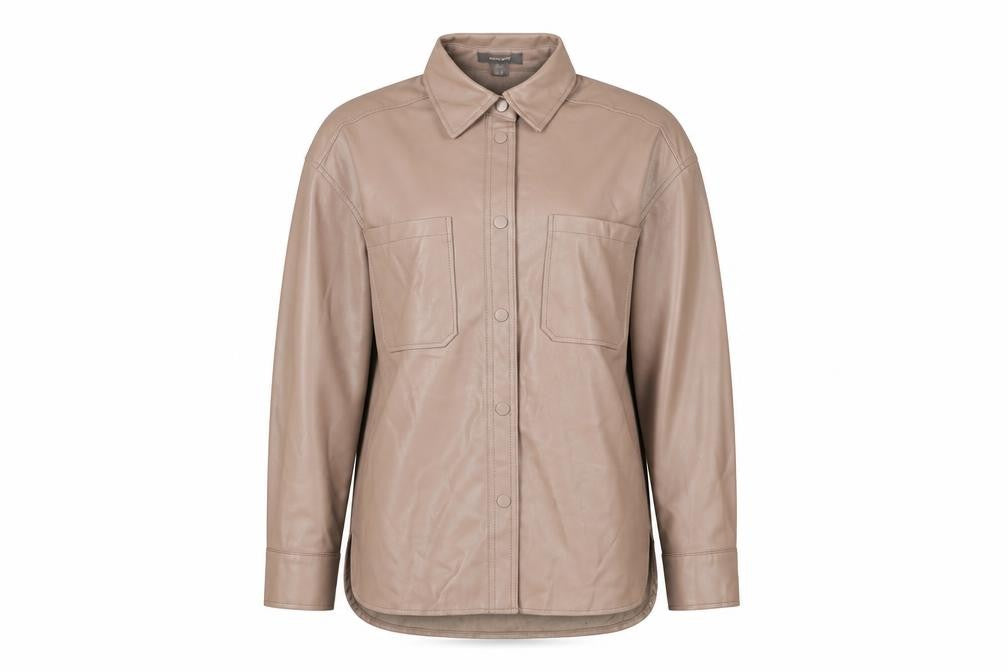 Front view of Primark women’s beige faux leather button jacket, size UK 8