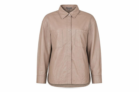 Front view of Primark women’s beige faux leather button jacket, size UK 8
