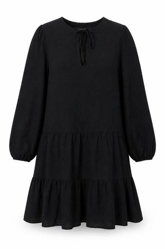 Front view of Dunnes Women’s Black, size UK 12, Ruffle Long Sleeve Shift Dress