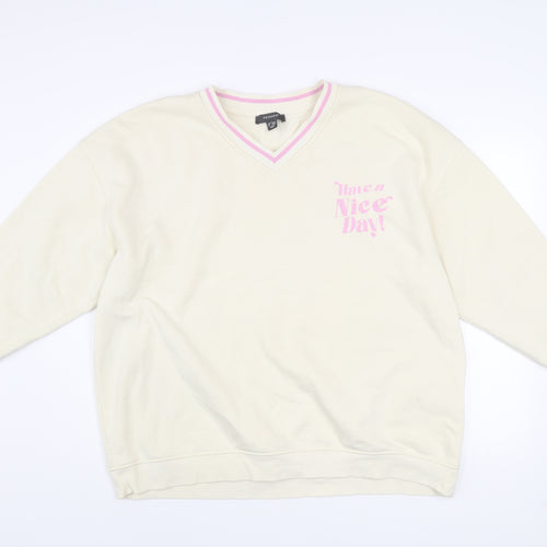 Primark Women Beige 'Have a Nice Day' V-Neck Sweatshirt Size L 14/16