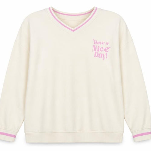Primark Women Beige 'Have a Nice Day' V-Neck Sweatshirt Size L 14/16