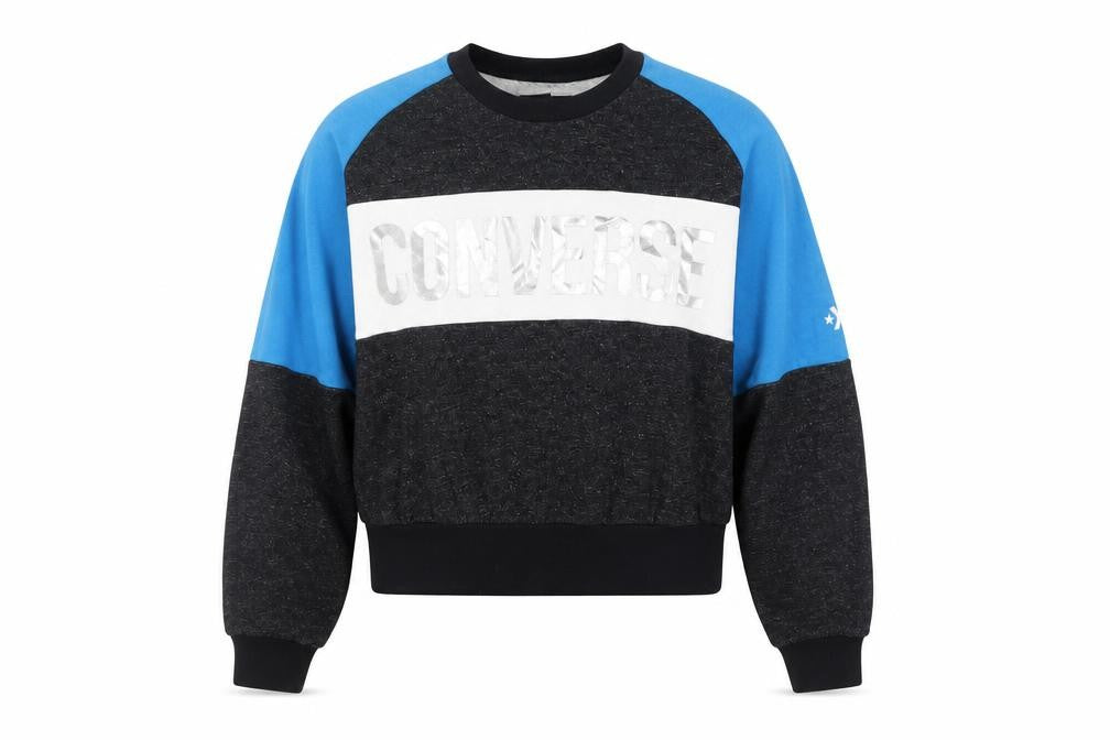 Front view of Converse women’s blue & charcoal pullover sweatshirt xs