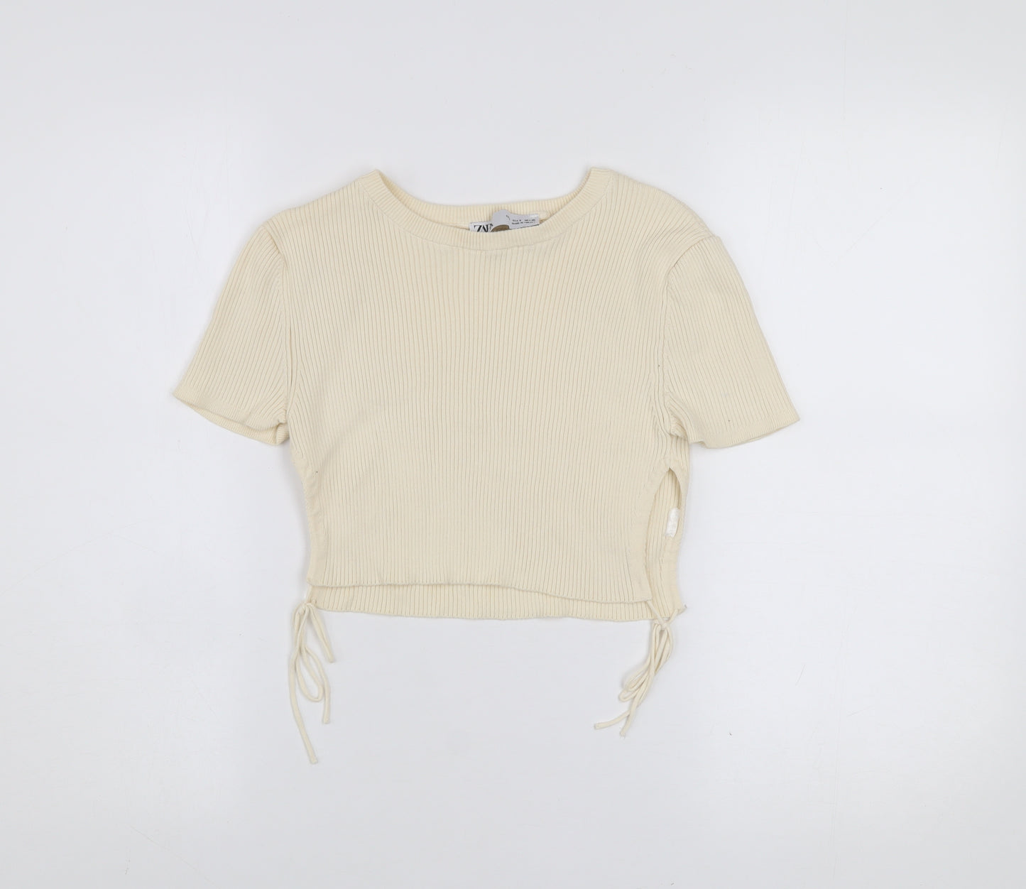 Zara Women Beige Ribbed Cropped T-Shirt Short Sleeve Size S