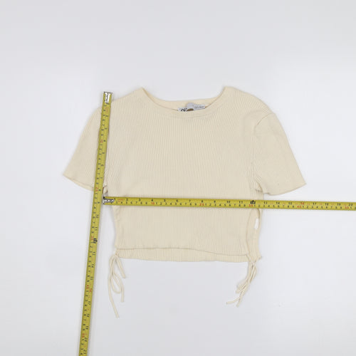 Zara Women Beige Ribbed Cropped T-Shirt Short Sleeve Size S