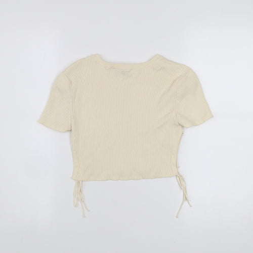 Zara Women Beige Ribbed Cropped T-Shirt Short Sleeve Size S