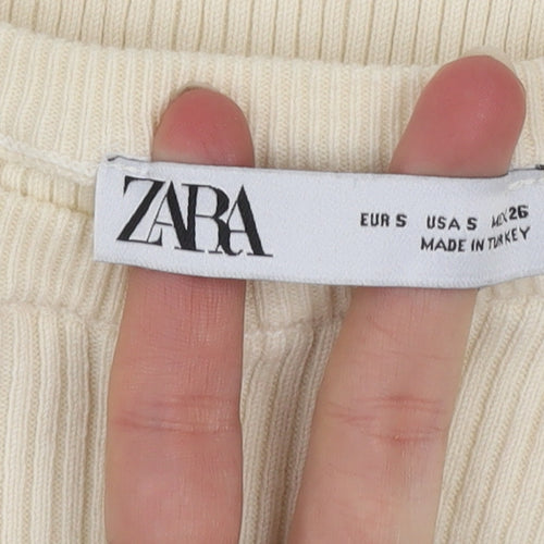 Zara Women Beige Ribbed Cropped T-Shirt Short Sleeve Size S