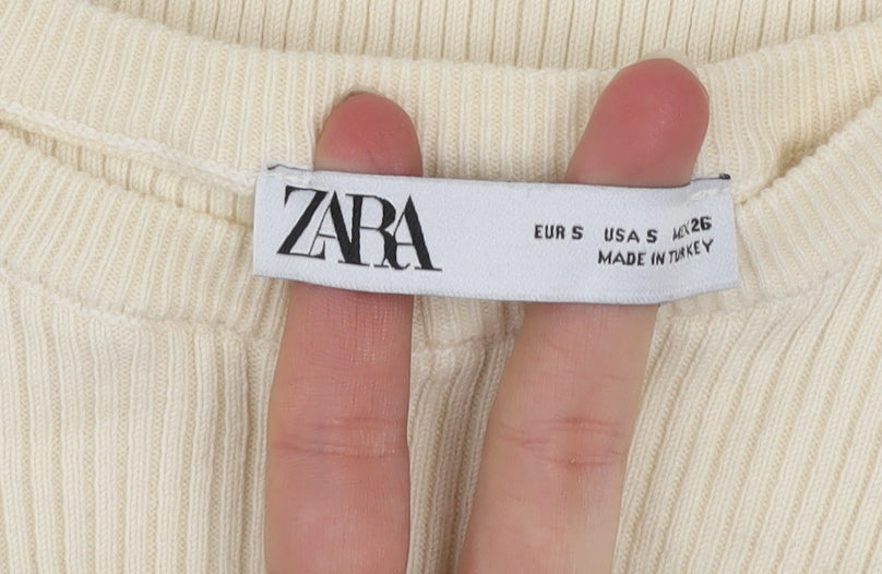Zara Women Beige Ribbed Cropped T-Shirt Short Sleeve Size S