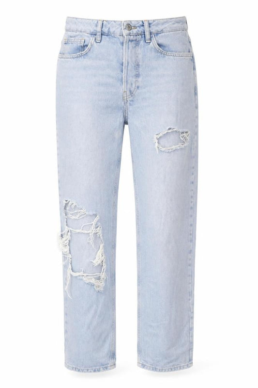 Front view of Primark Women’s Light Blue Distressed Boyfriend Jeans, size UK 10