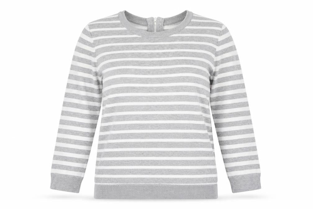 Front view of 89th + Madison Women's Grey Striped Crew Neck Knit Jumper, size S