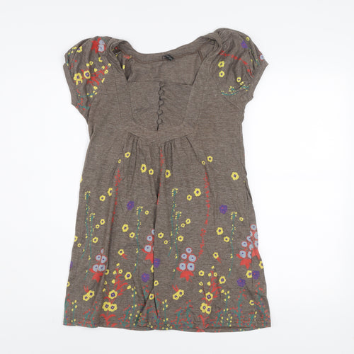 Topshop Women Brown Floral Short Sleeve Shift Dress Size 8