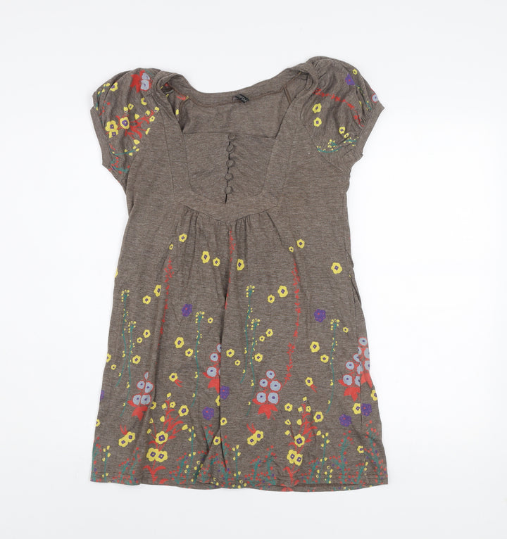 Topshop Women Brown Floral Short Sleeve Shift Dress Size 8